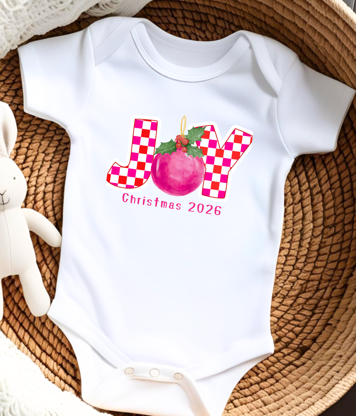 Joy Christmas Baby One-Piece 2026 – Pink Plaid Holiday Outfit – Baby Girl Christmas Bodysuit
