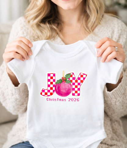 Joy Christmas Baby One-Piece 2026 – Pink Plaid Holiday Outfit – Baby Girl Christmas Bodysuit