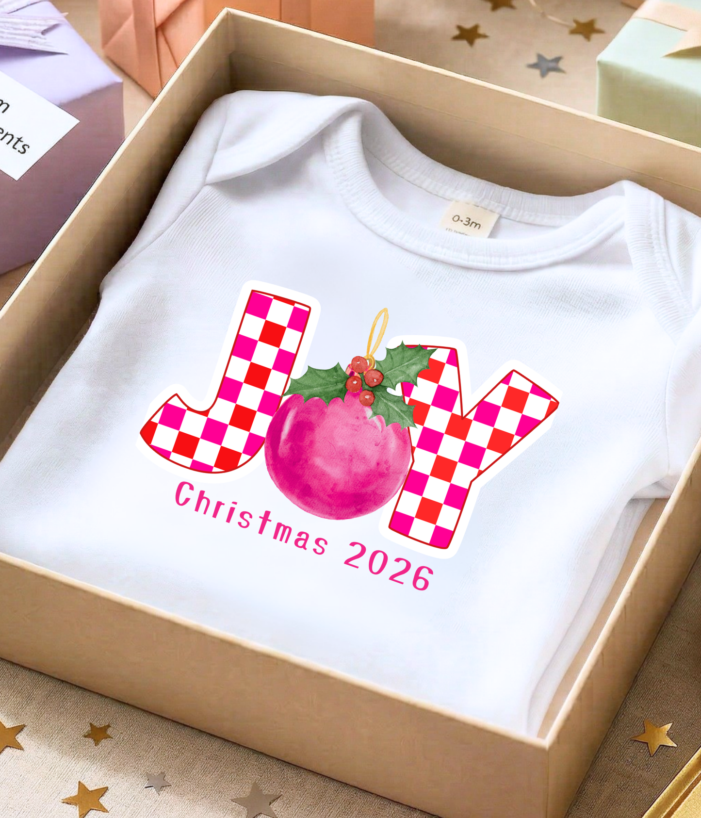 Joy Christmas Baby One-Piece 2026 – Pink Plaid Holiday Outfit – Baby Girl Christmas Bodysuit