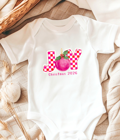 Joy Christmas Baby One-Piece 2026 – Pink Plaid Holiday Outfit – Baby Girl Christmas Bodysuit