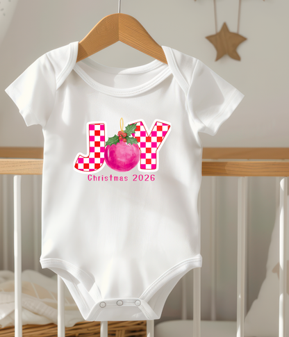 Joy Christmas Baby One-Piece 2026 – Pink Plaid Holiday Outfit – Baby Girl Christmas Bodysuit