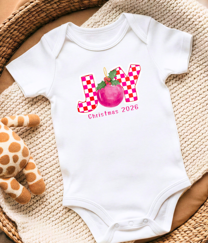 Joy Christmas Baby One-Piece 2026 – Pink Plaid Holiday Outfit – Baby Girl Christmas Bodysuit