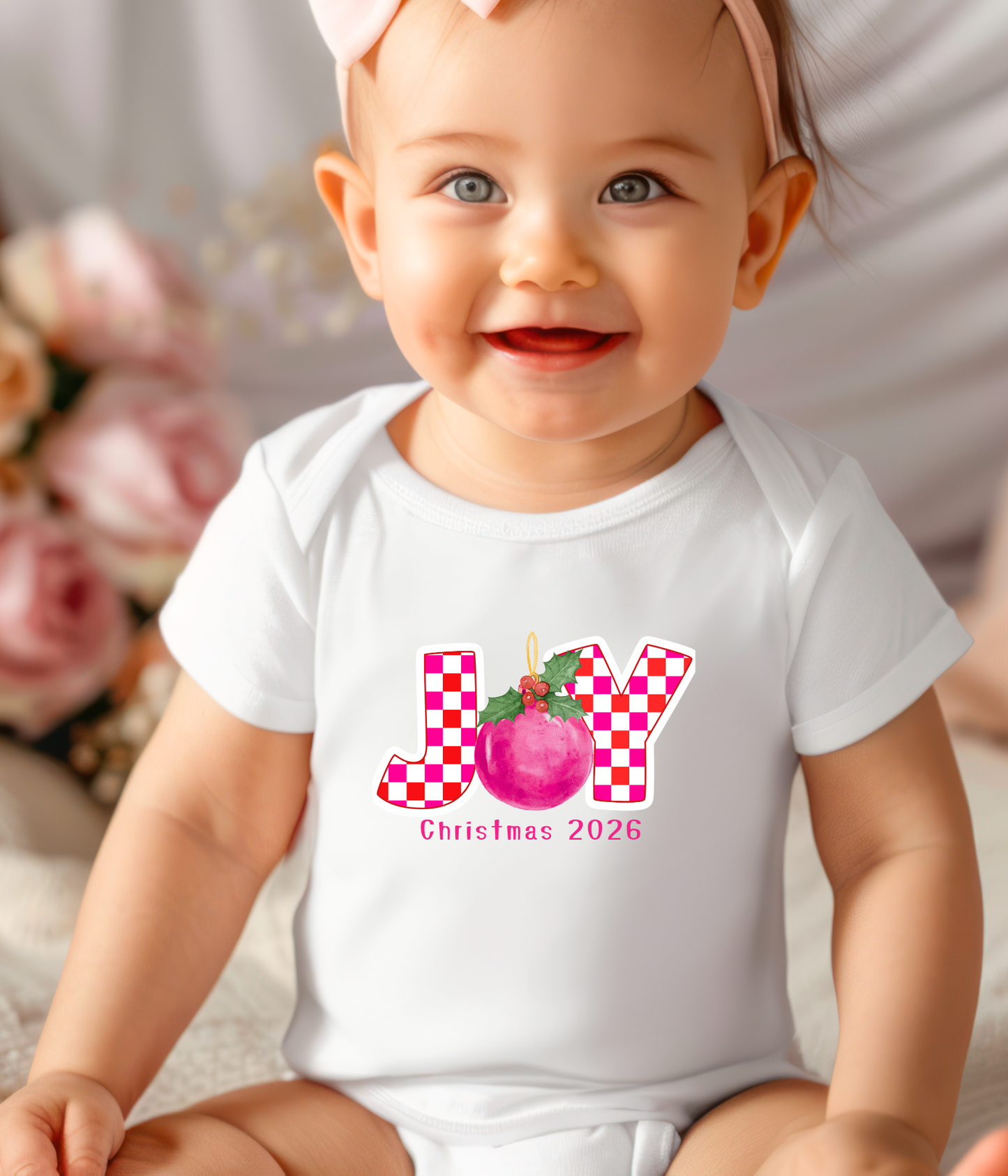 Joy Christmas Baby One-Piece 2026 – Pink Plaid Holiday Outfit – Baby Girl Christmas Bodysuit