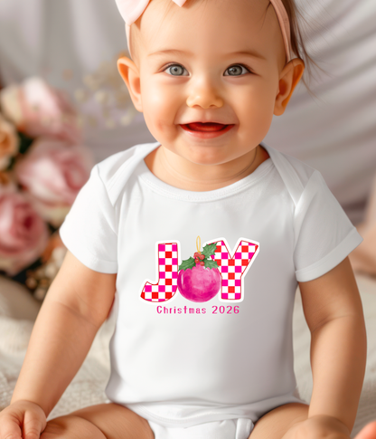 Joy Christmas Baby One-Piece 2026 – Pink Plaid Holiday Outfit – Baby Girl Christmas Bodysuit