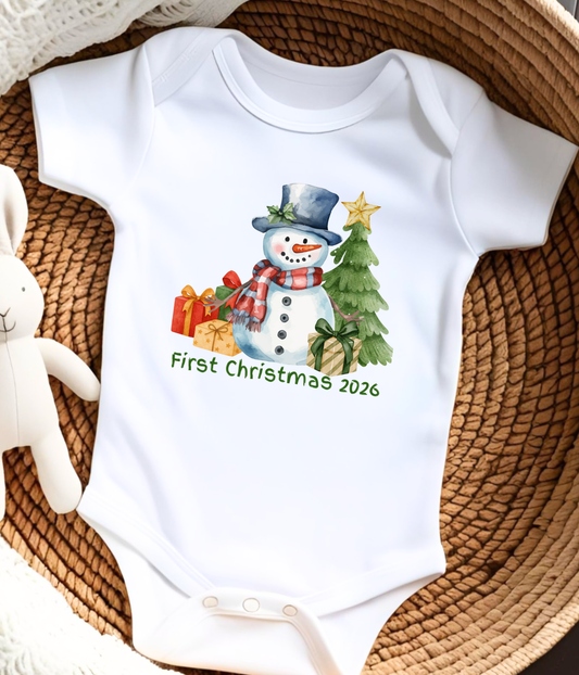 Baby’s First Christmas 2026 One-Piece – Snowman Holiday Baby Outfit –  Christmas Baby Bodysuit