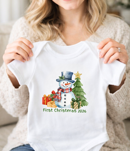 Baby’s First Christmas 2026 One-Piece – Snowman Holiday Baby Outfit –  Christmas Baby Bodysuit