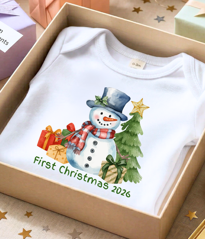 Baby’s First Christmas 2026 One-Piece – Snowman Holiday Baby Outfit –  Christmas Baby Bodysuit