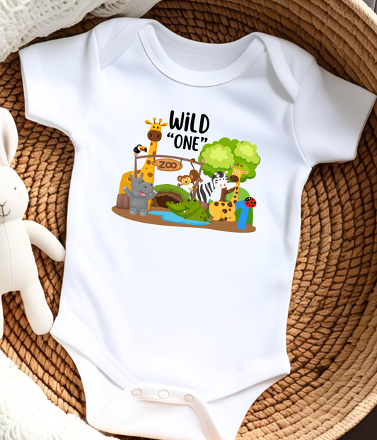 Wild One 1st Birthday One-Piece Bodysuit – Safari Animal Birthday Outfit – Zoo Theme Baby Bodysuit – First Birthday Shirt – Jungle Baby Gift