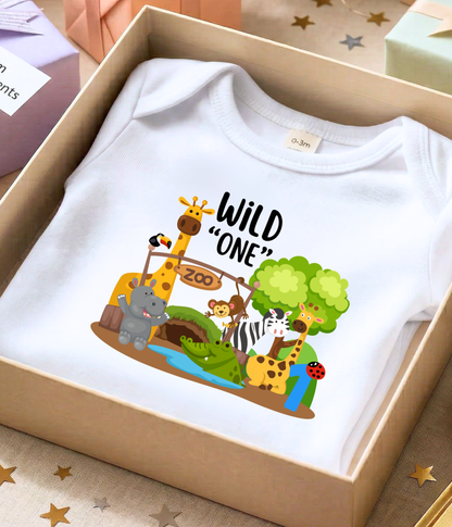 Wild One 1st Birthday One-Piece Bodysuit – Safari Animal Birthday Outfit – Zoo Theme Baby Bodysuit – First Birthday Shirt – Jungle Baby Gift