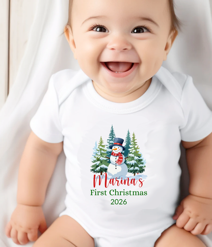 Baby’s First Christmas Personalized 2026 – Snowman Holiday Bodysuit – Newborn Christmas Personalized Outfit Gift