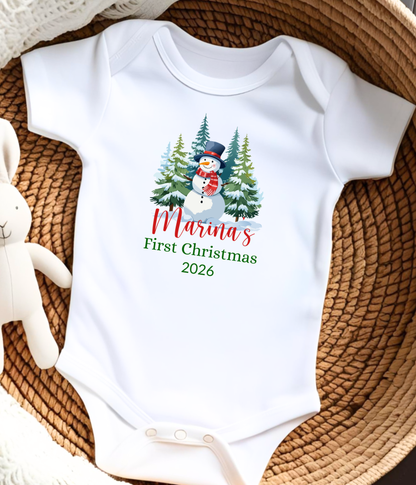 Baby’s First Christmas Personalized 2026 – Snowman Holiday Bodysuit – Newborn Christmas Personalized Outfit Gift