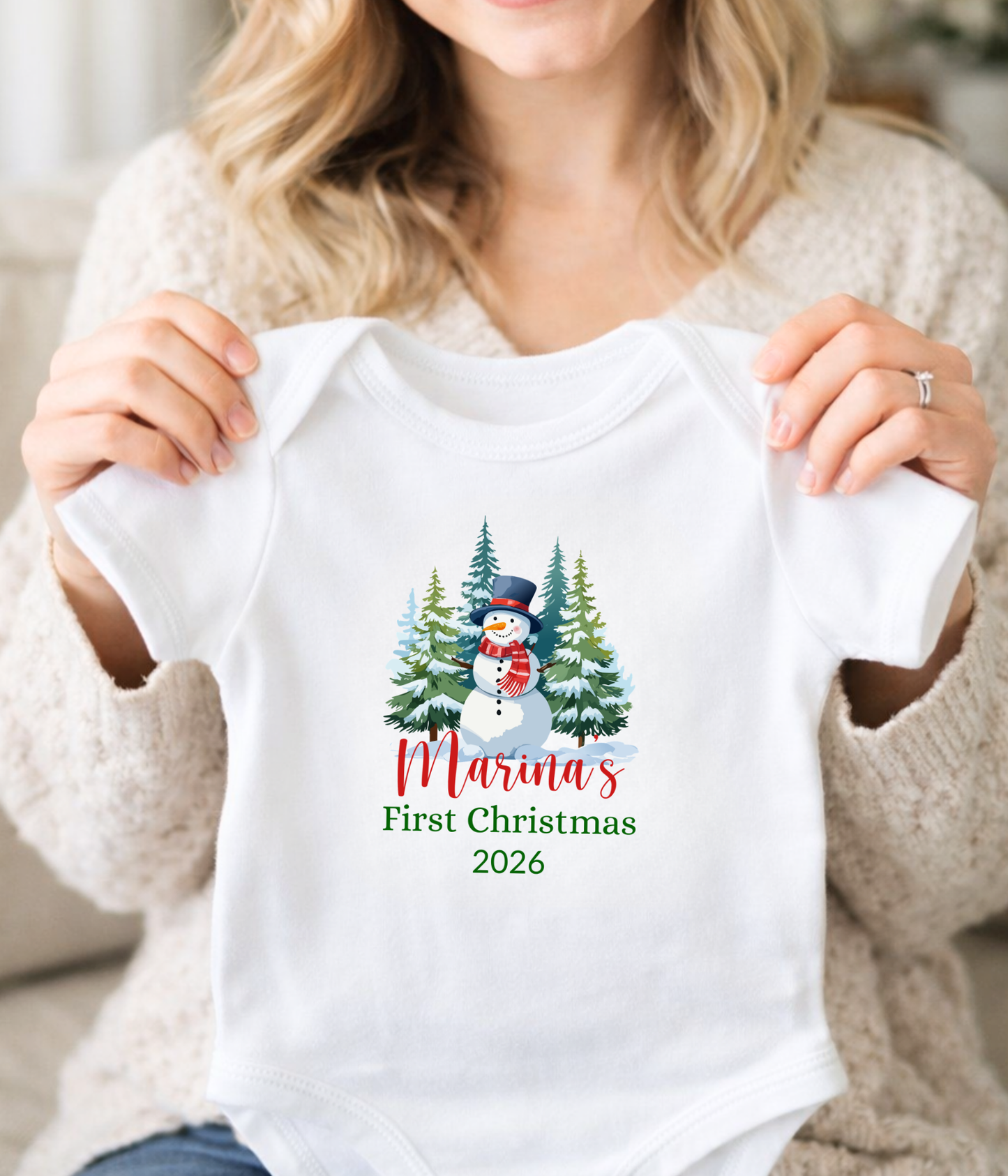 Baby’s First Christmas Personalized 2026 – Snowman Holiday Bodysuit – Newborn Christmas Personalized Outfit Gift