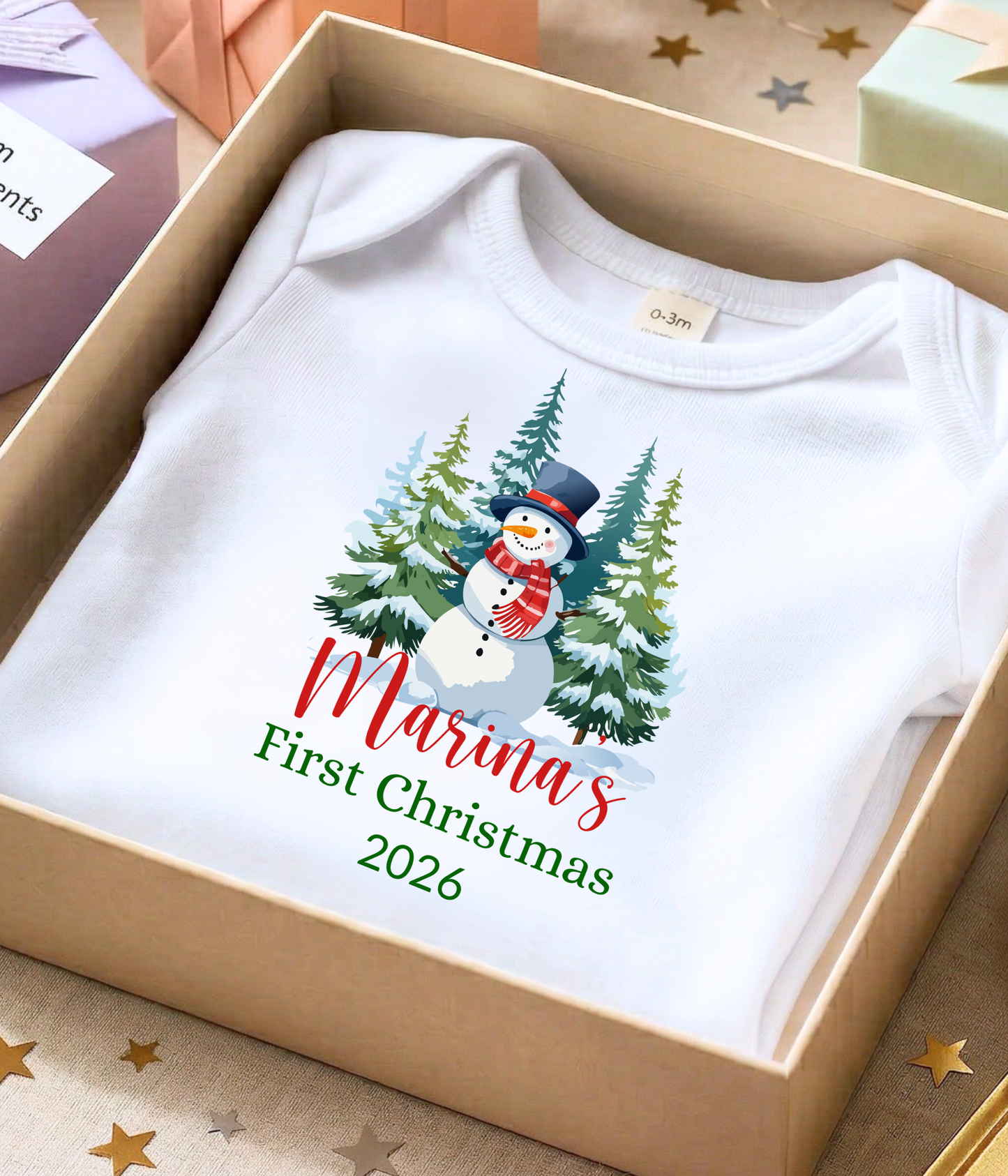 Baby’s First Christmas Personalized 2026 – Snowman Holiday Bodysuit – Newborn Christmas Personalized Outfit Gift