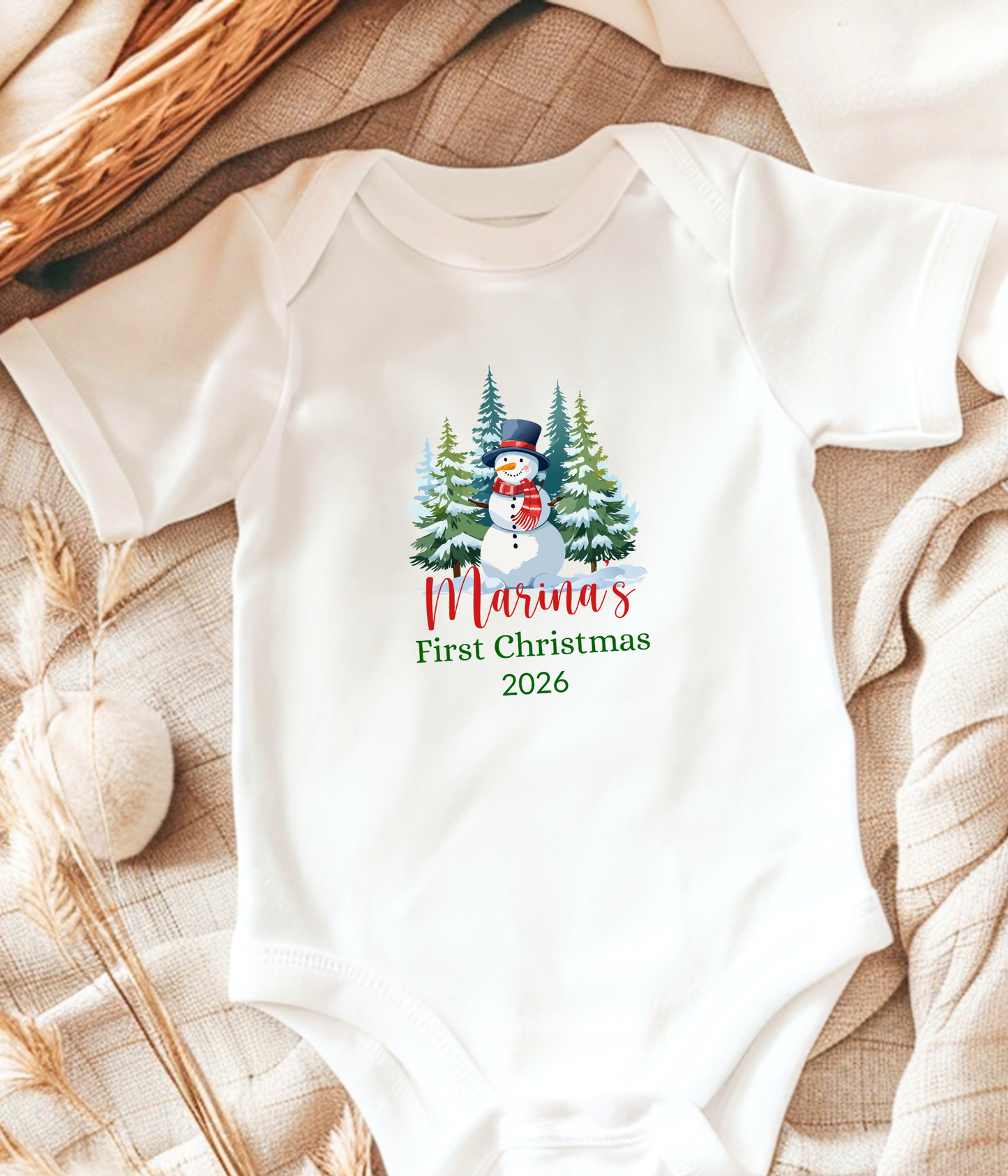 Baby’s First Christmas Personalized 2026 – Snowman Holiday Bodysuit – Newborn Christmas Personalized Outfit Gift