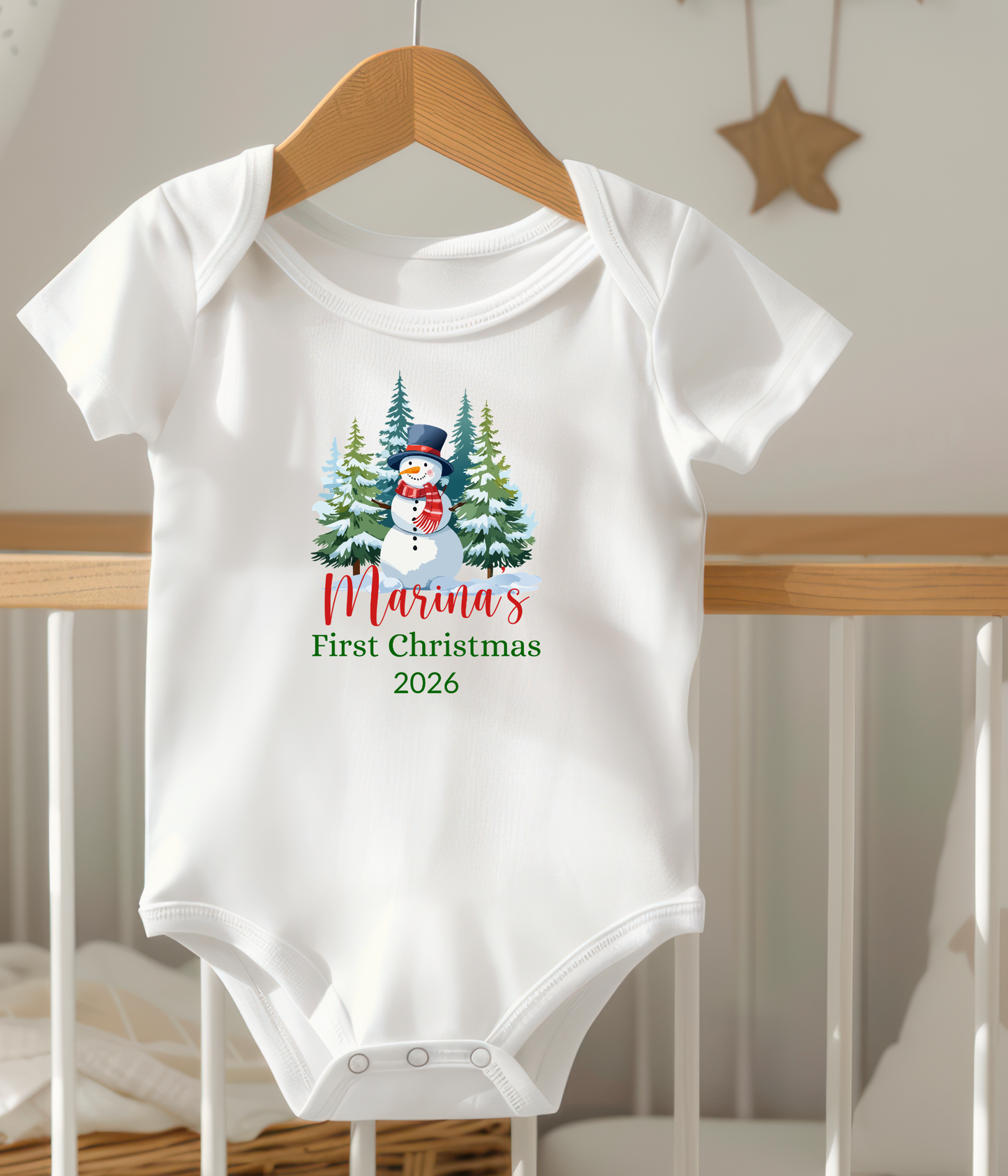 Baby’s First Christmas Personalized 2026 – Snowman Holiday Bodysuit – Newborn Christmas Personalized Outfit Gift
