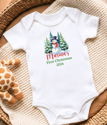 Baby’s First Christmas Personalized 2026 – Snowman Holiday Bodysuit – Newborn Christmas Personalized Outfit Gift
