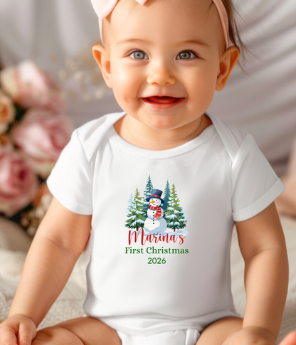Baby’s First Christmas Personalized 2026 – Snowman Holiday Bodysuit – Newborn Christmas Personalized Outfit Gift