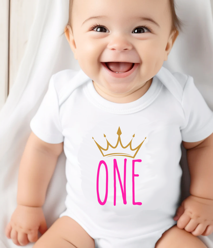 Baby Girl First Birthday One-piece Bodysuit – “One” Crown Outfit – Pink & Gold 1st Birthday Outfit – Baby Birthday Bodysuit