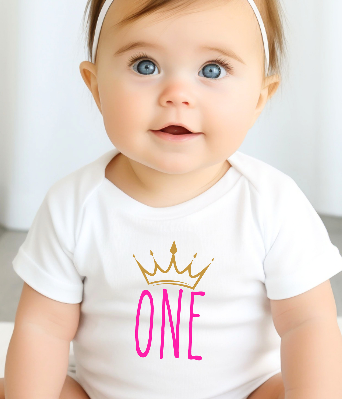 Baby Girl First Birthday One-piece Bodysuit – “One” Crown Outfit – Pink & Gold 1st Birthday Outfit – Baby Birthday Bodysuit