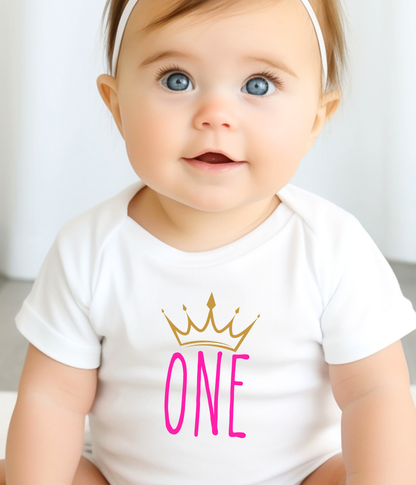 Baby Girl First Birthday One-piece Bodysuit – “One” Crown Outfit – Pink & Gold 1st Birthday Outfit – Baby Birthday Bodysuit