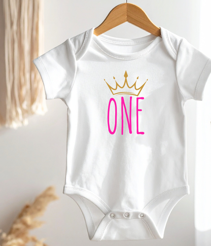 Baby Girl First Birthday One-piece Bodysuit – “One” Crown Outfit – Pink & Gold 1st Birthday Outfit – Baby Birthday Bodysuit