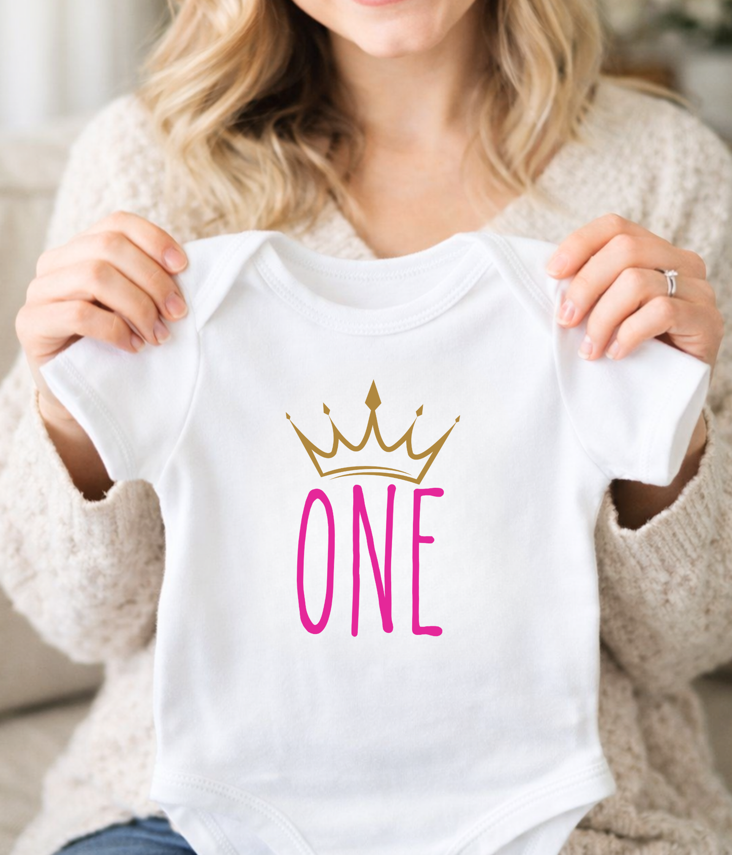 Baby Girl First Birthday One-piece Bodysuit – “One” Crown Outfit – Pink & Gold 1st Birthday Outfit – Baby Birthday Bodysuit