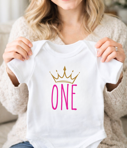 Baby Girl First Birthday One-piece Bodysuit – “One” Crown Outfit – Pink & Gold 1st Birthday Outfit – Baby Birthday Bodysuit