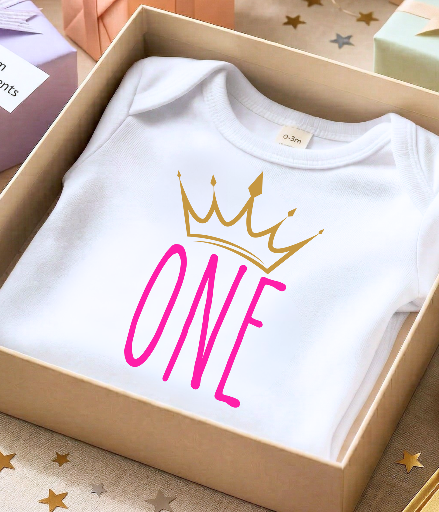 Baby Girl First Birthday One-piece Bodysuit – “One” Crown Outfit – Pink & Gold 1st Birthday Outfit – Baby Birthday Bodysuit