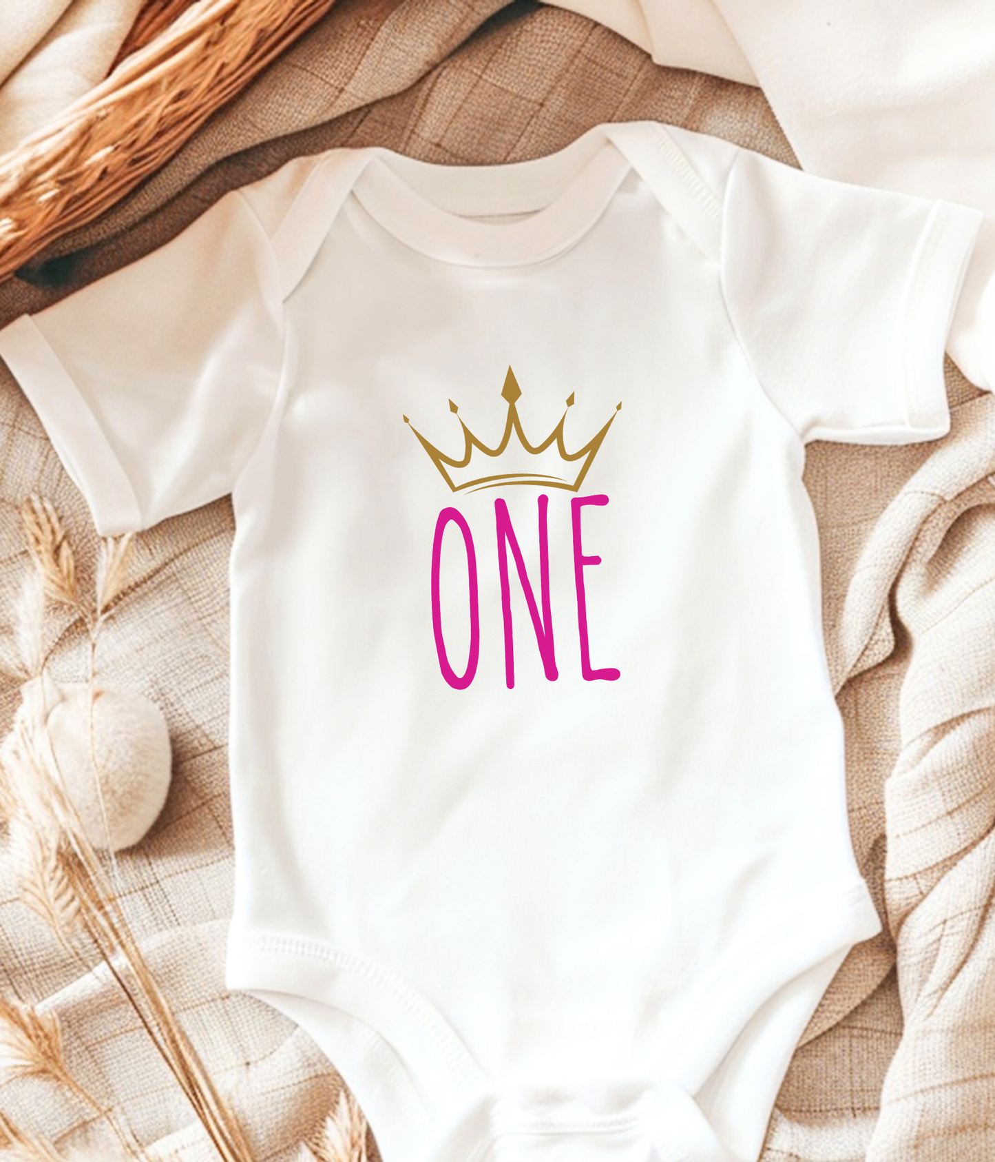 Baby Girl First Birthday One-piece Bodysuit – “One” Crown Outfit – Pink & Gold 1st Birthday Outfit – Baby Birthday Bodysuit