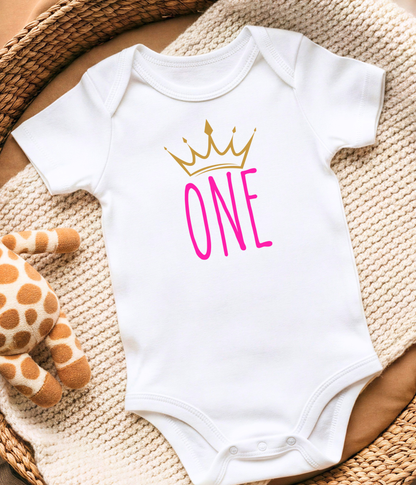 Baby Girl First Birthday One-piece Bodysuit – “One” Crown Outfit – Pink & Gold 1st Birthday Outfit – Baby Birthday Bodysuit
