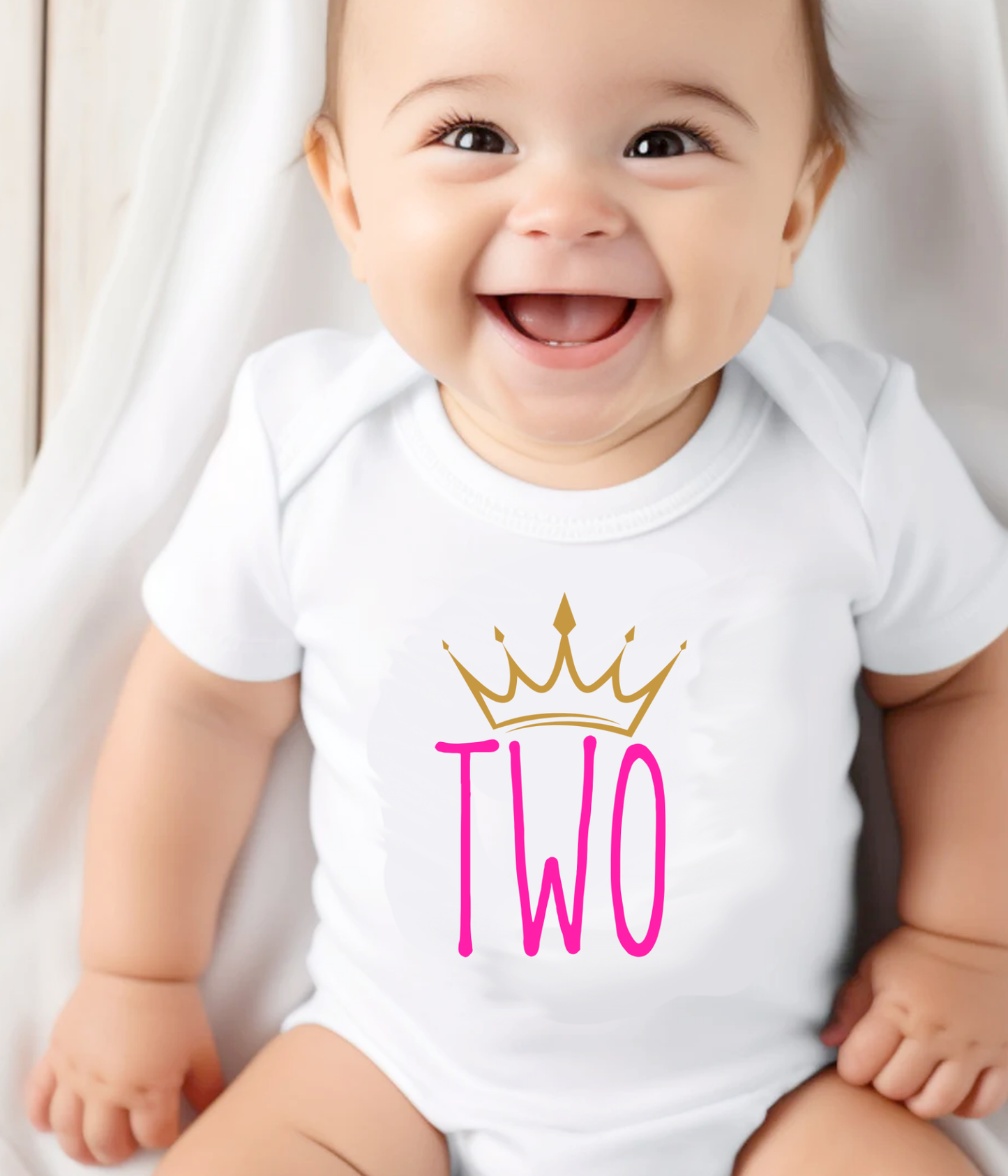 Baby Girl 2nd Birthday One-Piece – “Two” Crown Outfit – Pink & Gold Toddler Birthday Outfit – Second Birthday Bodysuit