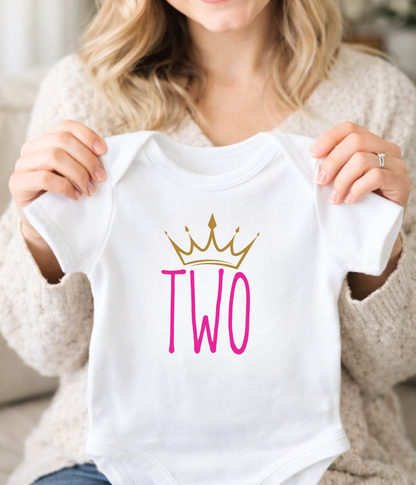 Baby Girl 2nd Birthday One-Piece – “Two” Crown Outfit – Pink & Gold Toddler Birthday Outfit – Second Birthday Bodysuit