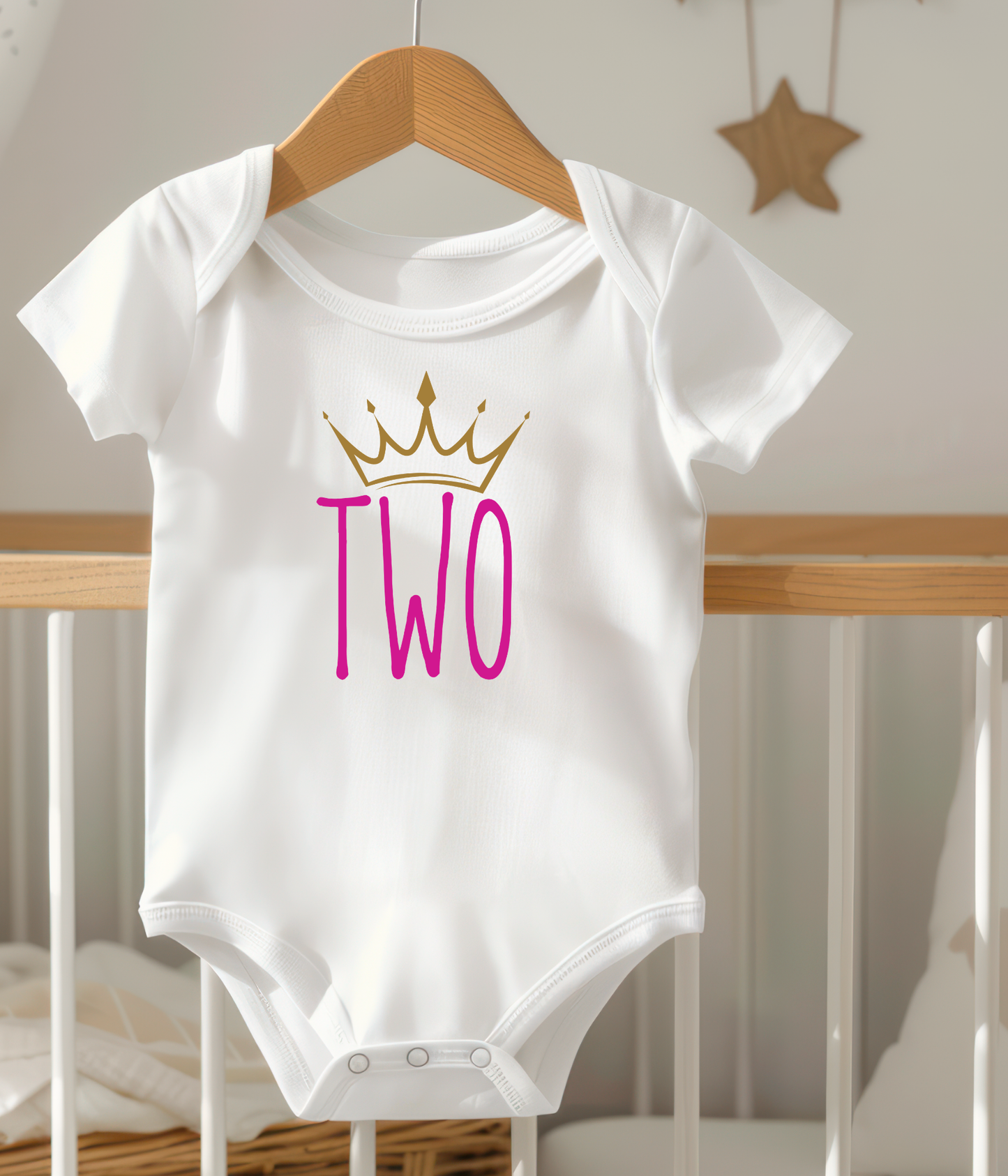 Baby Girl 2nd Birthday One-Piece – “Two” Crown Outfit – Pink & Gold Toddler Birthday Outfit – Second Birthday Bodysuit