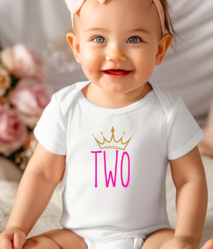 Baby Girl 2nd Birthday One-Piece – “Two” Crown Outfit – Pink & Gold Toddler Birthday Outfit – Second Birthday Bodysuit
