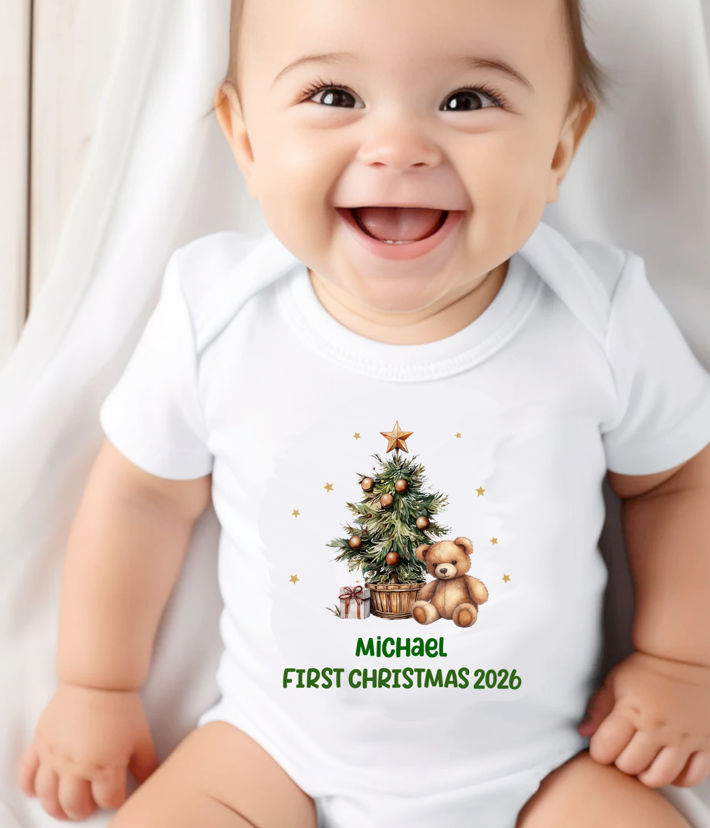 Personalized Baby First Christmas Baby Bodysuit 2026 – Custom Name Christmas Outfit – Teddy Bear Christmas Tree Bodysuit – Newborn Holiday Gift