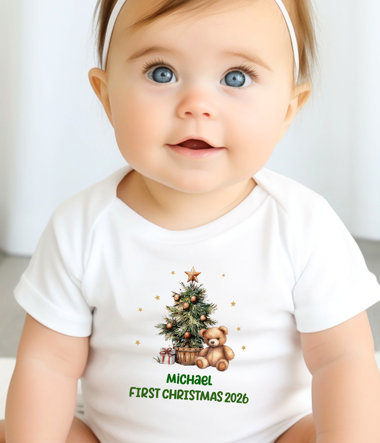 Personalized Baby First Christmas Baby Bodysuit 2026 – Custom Name Christmas Outfit – Teddy Bear Christmas Tree Bodysuit – Newborn Holiday Gift