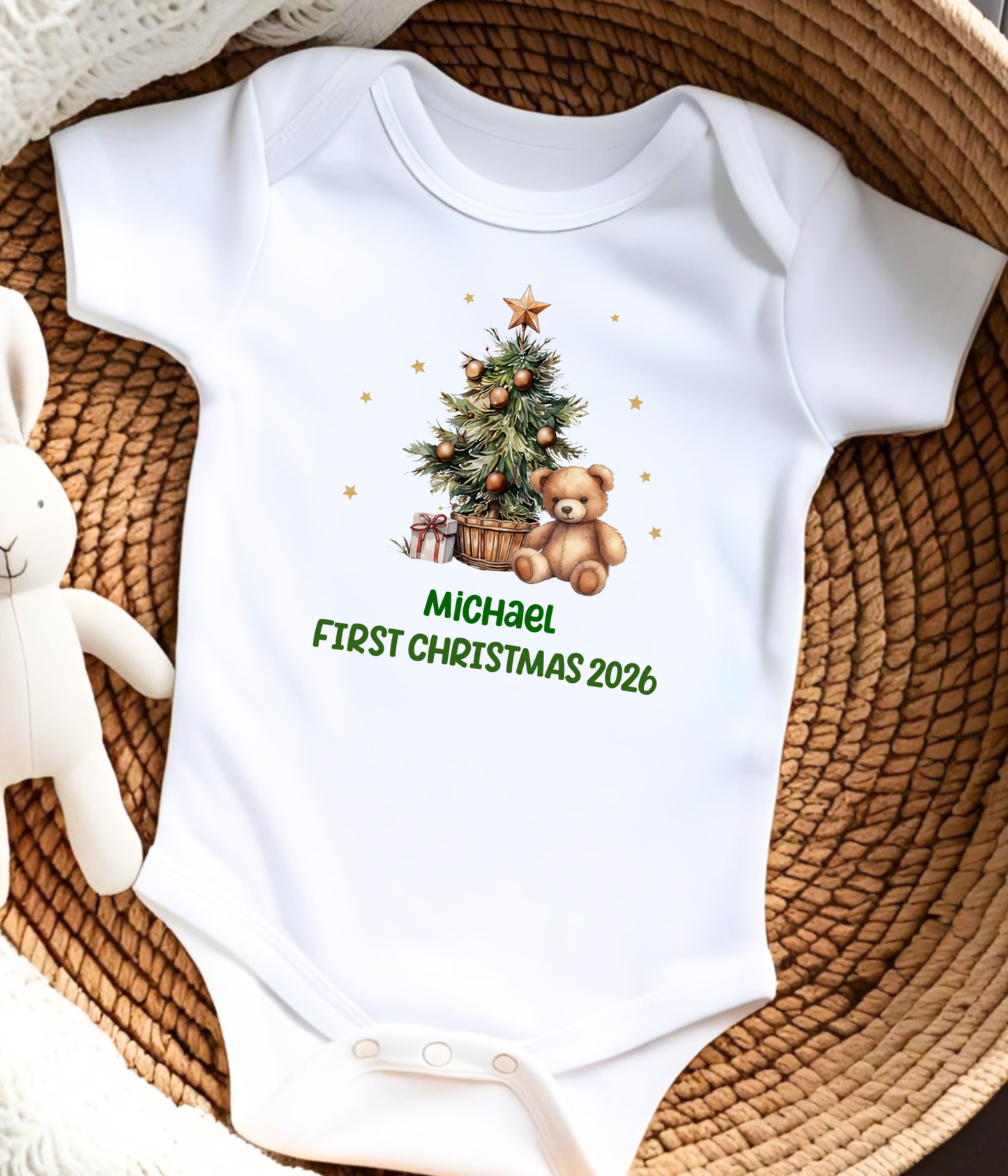 Personalized Baby First Christmas Baby Bodysuit 2026 – Custom Name Christmas Outfit – Teddy Bear Christmas Tree Bodysuit – Newborn Holiday Gift