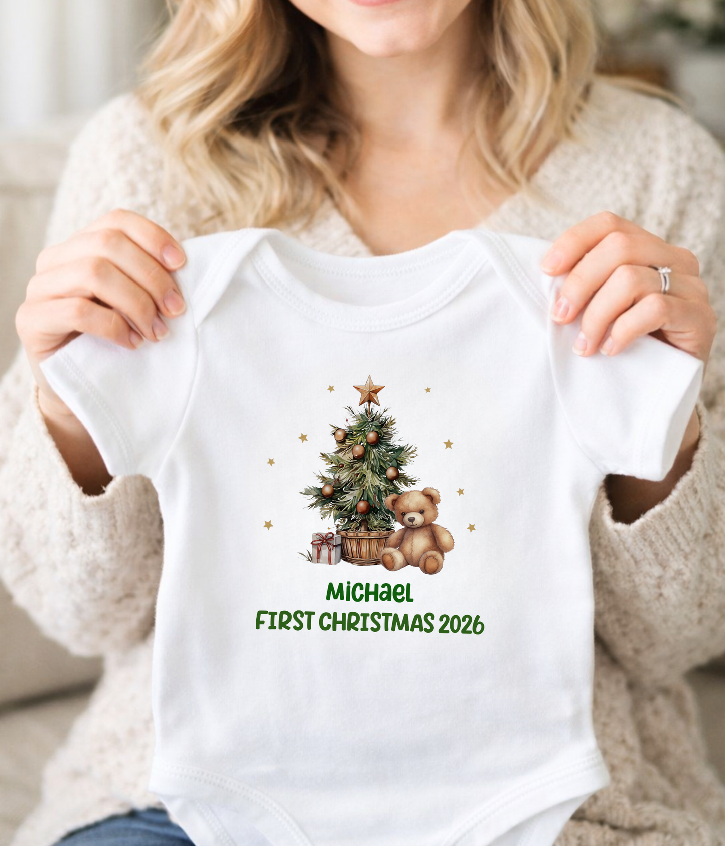 Personalized Baby First Christmas Baby Bodysuit 2026 – Custom Name Christmas Outfit – Teddy Bear Christmas Tree Bodysuit – Newborn Holiday Gift