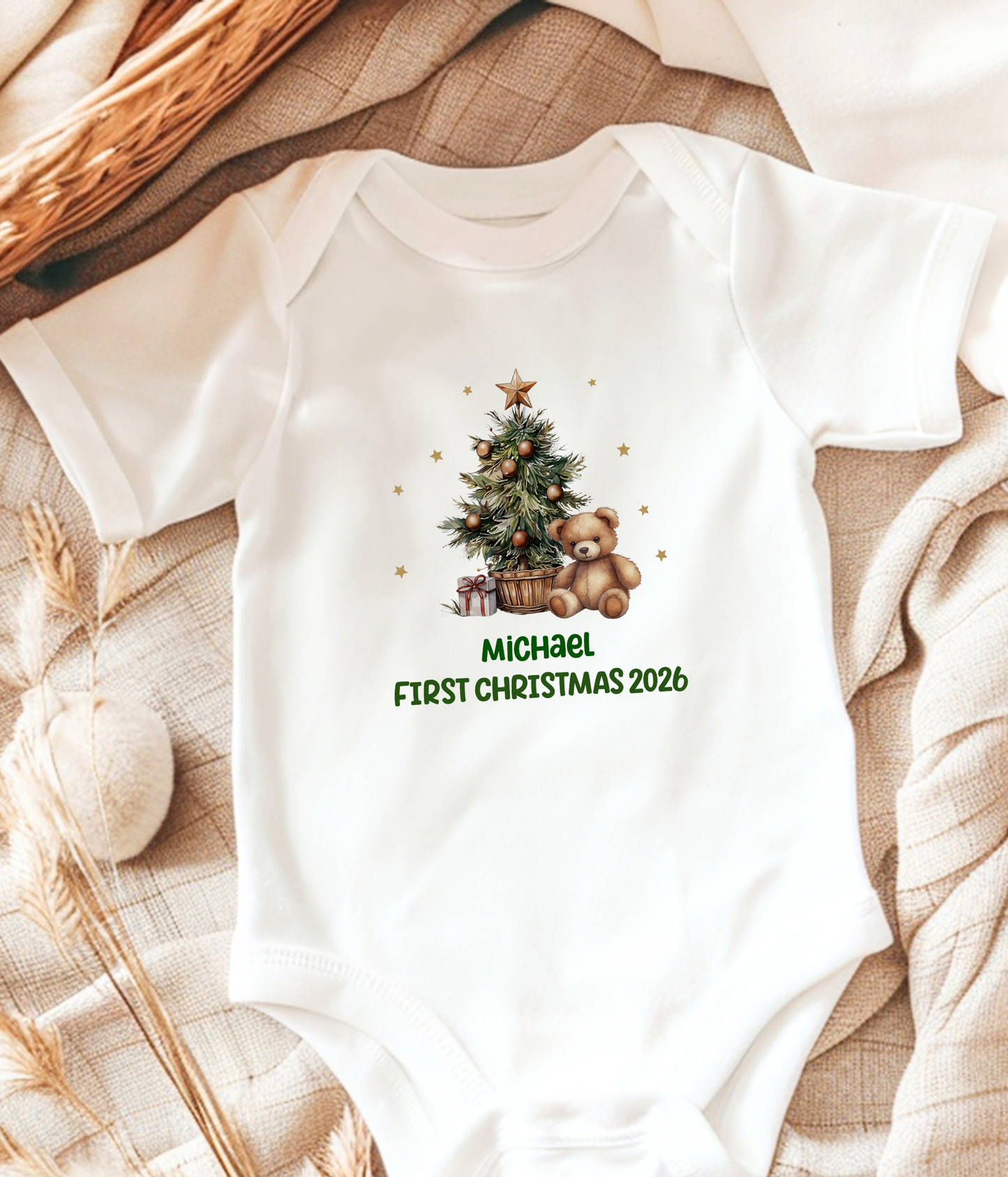Personalized Baby First Christmas Baby Bodysuit 2026 – Custom Name Christmas Outfit – Teddy Bear Christmas Tree Bodysuit – Newborn Holiday Gift