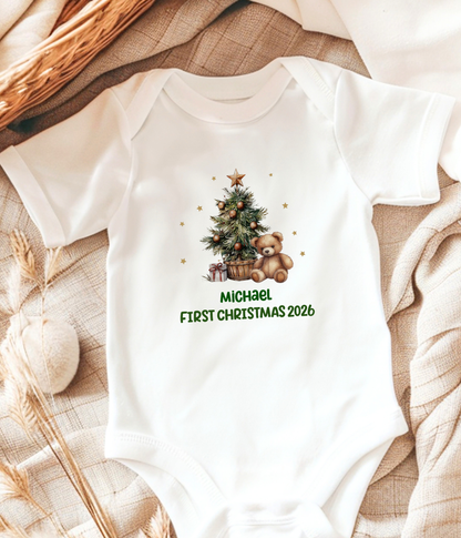 Personalized Baby First Christmas Baby Bodysuit 2026 – Custom Name Christmas Outfit – Teddy Bear Christmas Tree Bodysuit – Newborn Holiday Gift