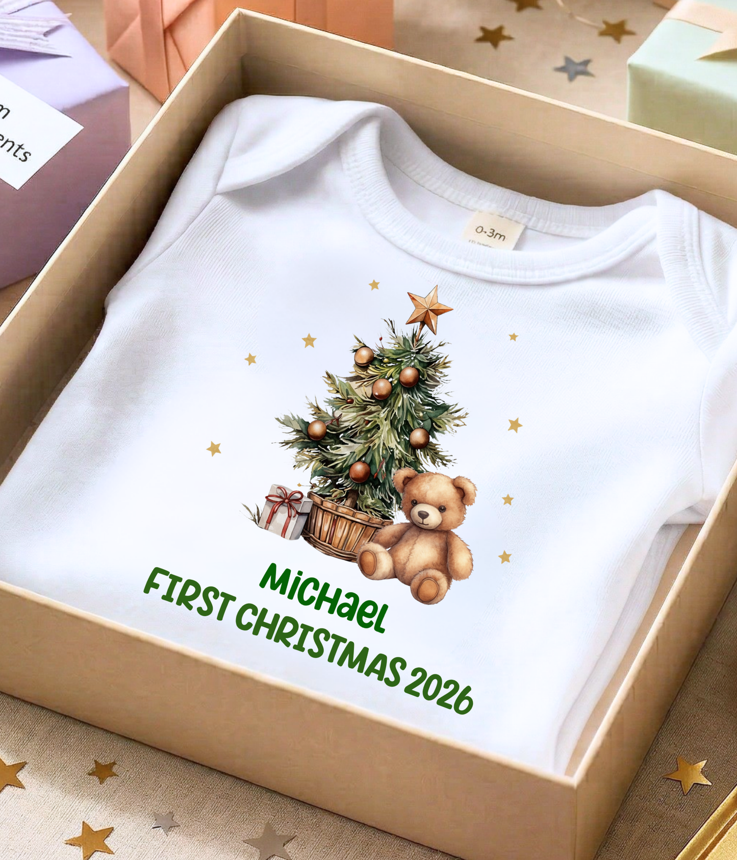 Personalized Baby First Christmas Baby Bodysuit 2026 – Custom Name Christmas Outfit – Teddy Bear Christmas Tree Bodysuit – Newborn Holiday Gift