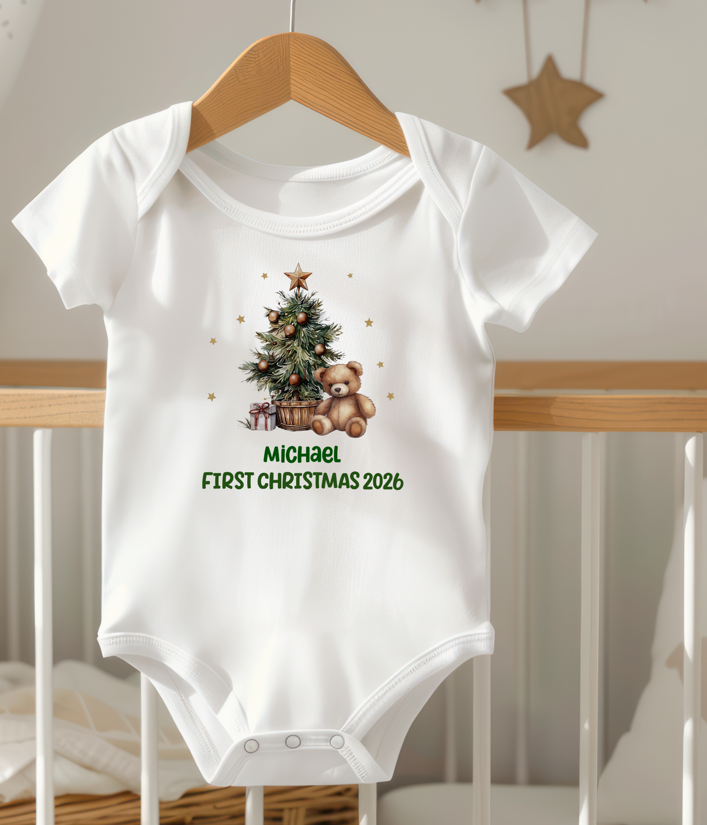 Personalized Baby First Christmas Baby Bodysuit 2026 – Custom Name Christmas Outfit – Teddy Bear Christmas Tree Bodysuit – Newborn Holiday Gift