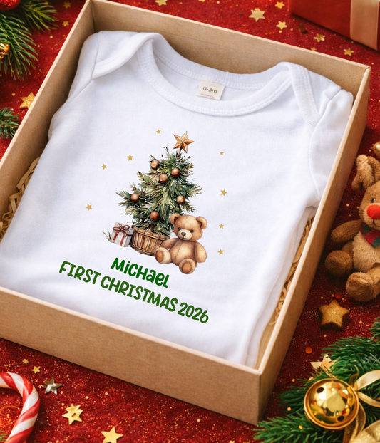 Personalized Baby First Christmas Baby Bodysuit 2026 – Custom Name Christmas Outfit – Teddy Bear Christmas Tree Bodysuit – Newborn Holiday Gift