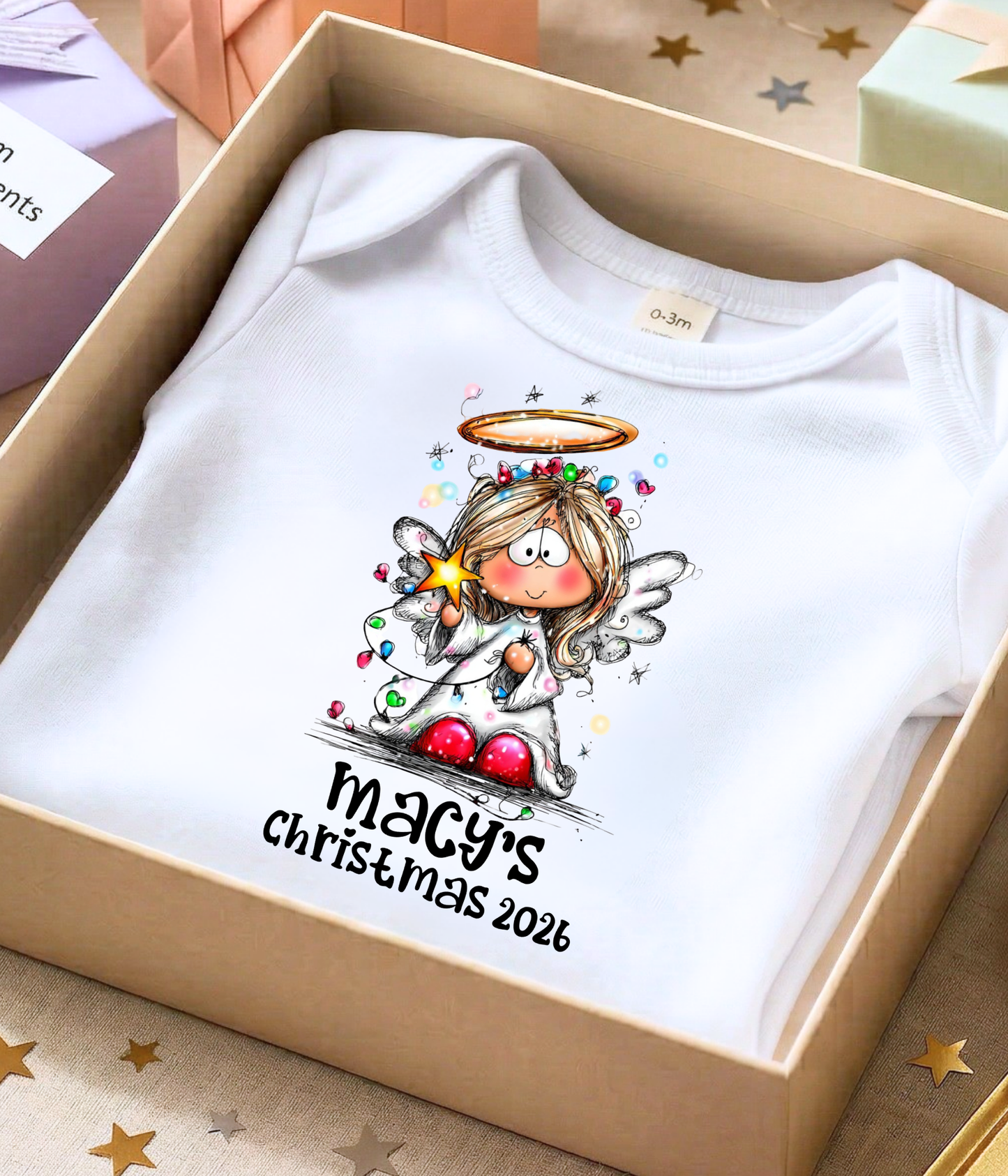 Personalized Baby Christmas Angel Bodysuit – Custom Name & Year Holiday Outfit Keepsake
