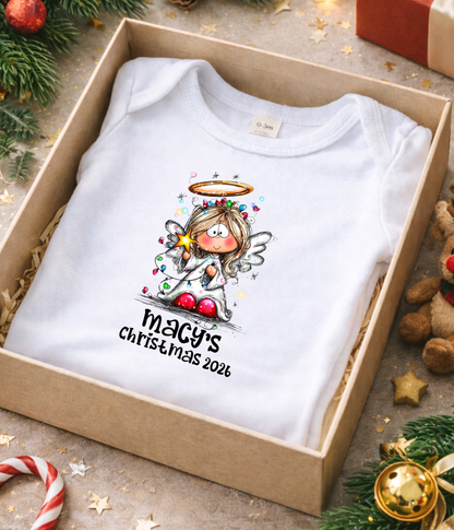 Personalized Baby Christmas Angel Bodysuit – Custom Name & Year Holiday Outfit Keepsake