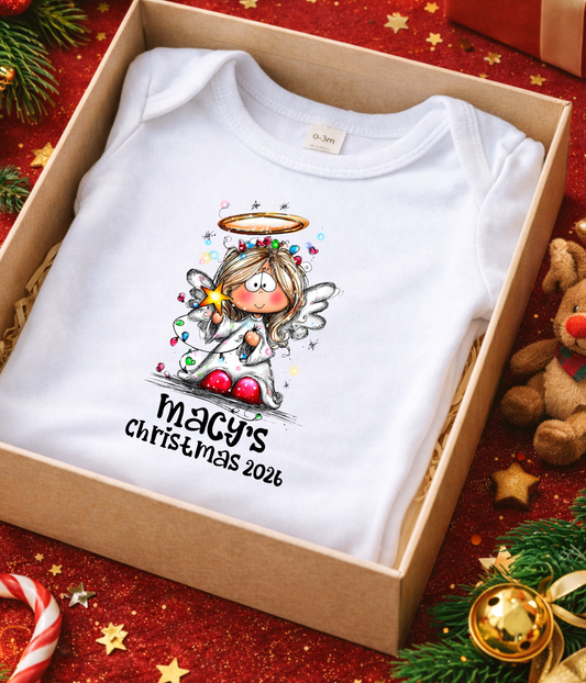 Personalized Baby Christmas Angel Bodysuit – Custom Name & Year Holiday Outfit Keepsake