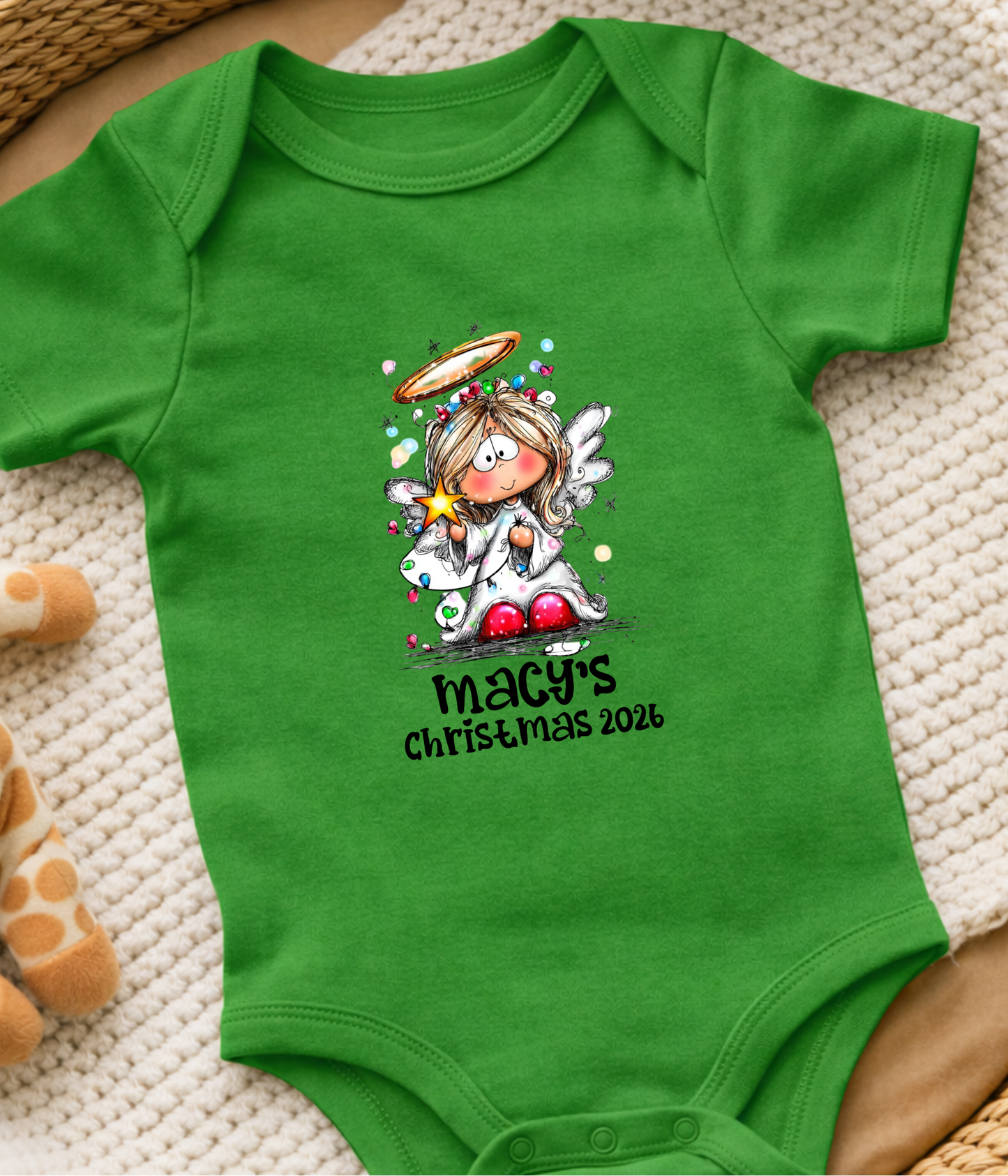 Personalized Baby Christmas Angel Bodysuit – Custom Name & Year Holiday Outfit Keepsake