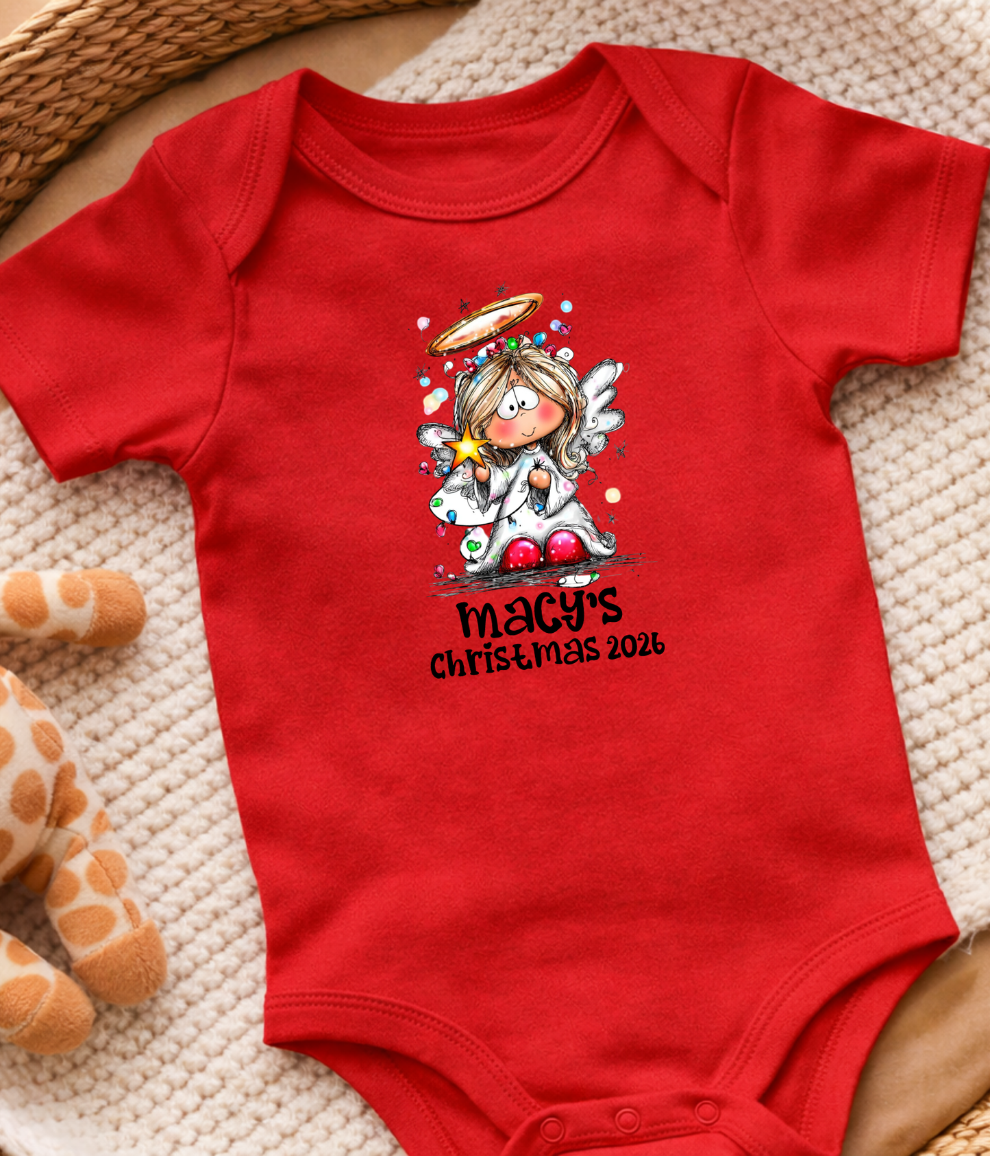 Personalized Baby Christmas Angel Bodysuit – Custom Name & Year Holiday Outfit Keepsake