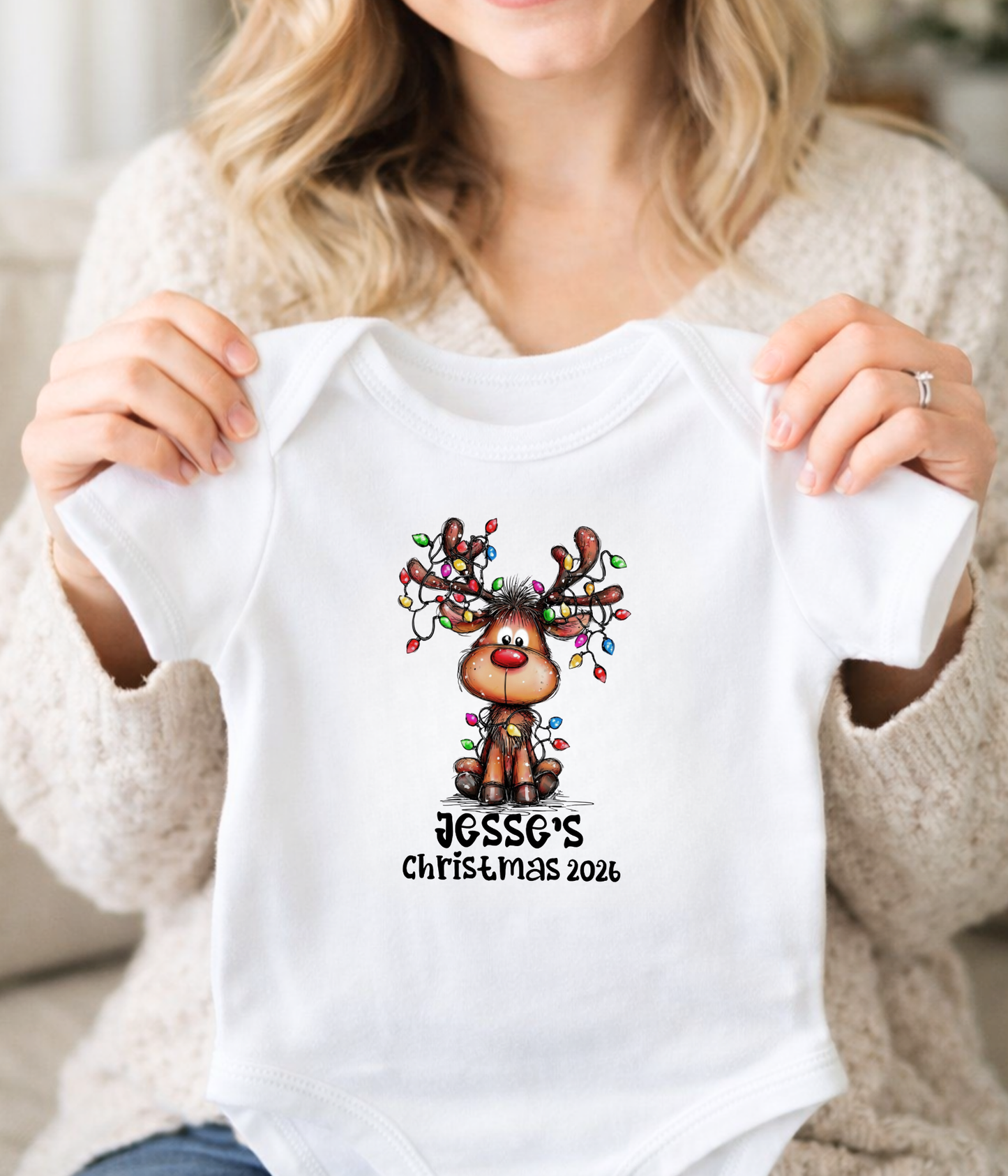 Personalized Baby Christmas Reindeer Bodysuit – Custom Name & Year Holiday Outfit