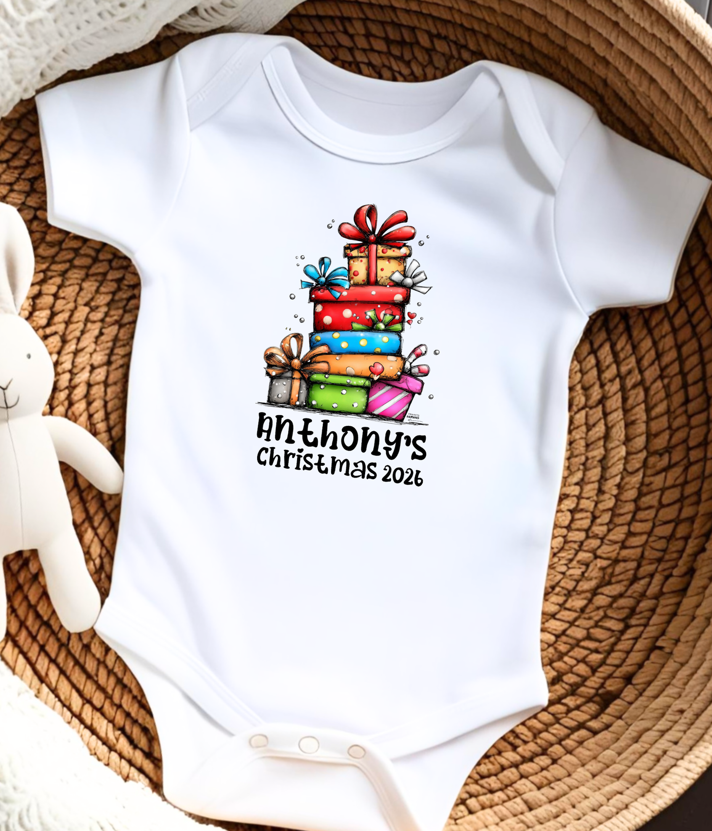 Personalized Baby Christmas Gift Stack Bodysuit – Custom Name & Year Holiday Outfit